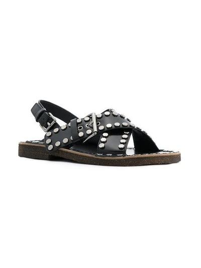 prada buckle-detailed leather sandals|prada studded pony skin sandals.